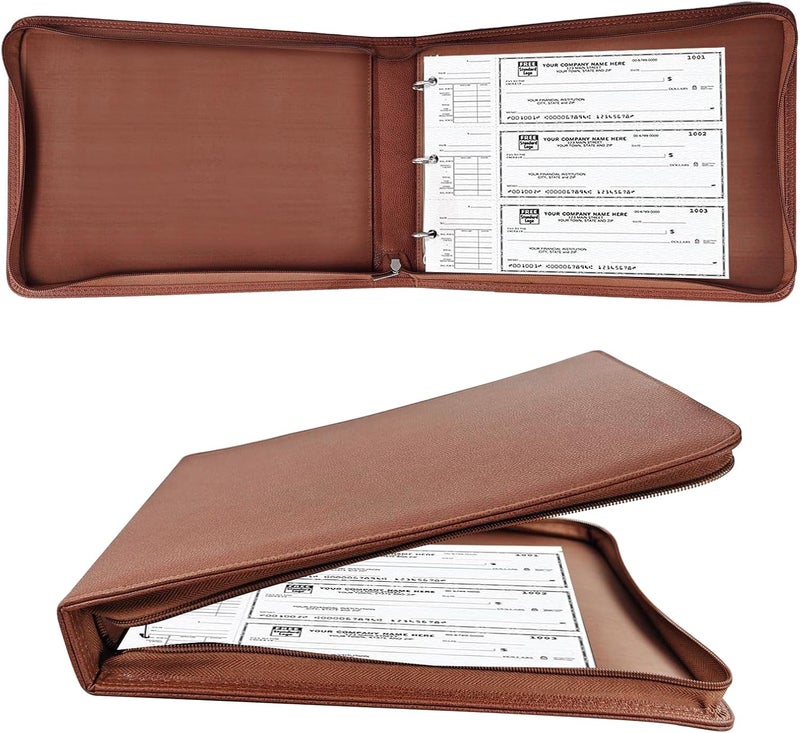 LLi Cufite 3 Rings Check Binder for End-Stub Deskbook Checks, Zipper Business Check Binder, 3 on a Page, Fit 3 & 9 Holes Check Faux Leather (Brown) - Image 1